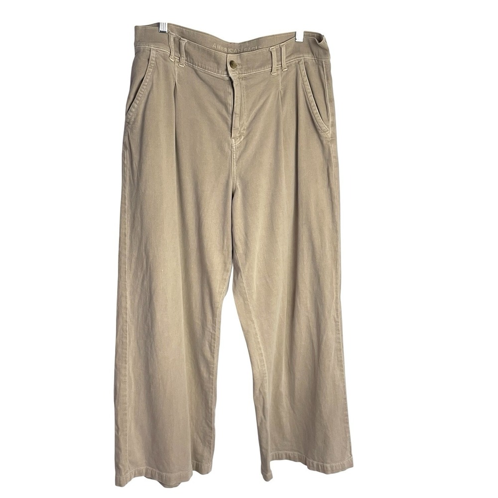 American Eagle Womens Baggy Wide Leg Trouser Sz 16 Tan High Rise Stretch Pleated